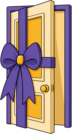 A door tied with a ribbon and bow, like a present.