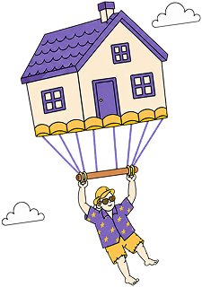 A house floating under a parachute, a figure hanging from it.