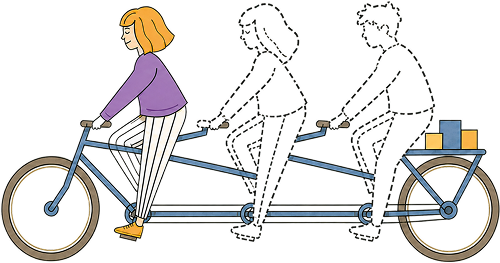 A tandem bicycle with one rider and two empty, dotted-outline seats.