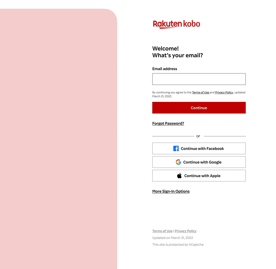The Kobo sign-in screen, email address and social options beside a wall of book covers